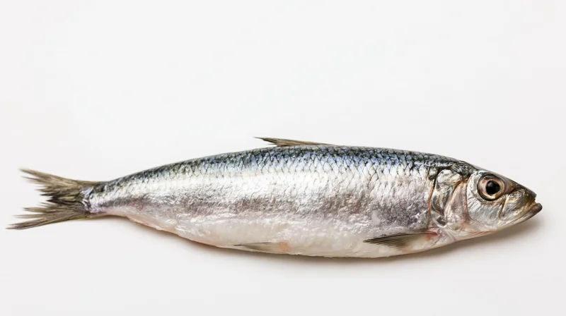 Fresh atlantic herring lying on its side on white background