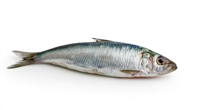 Single fresh sardine lying on its side on white background