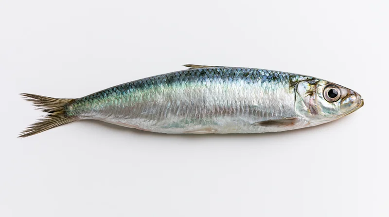 Fresh whole sardine lying on its side against a white background