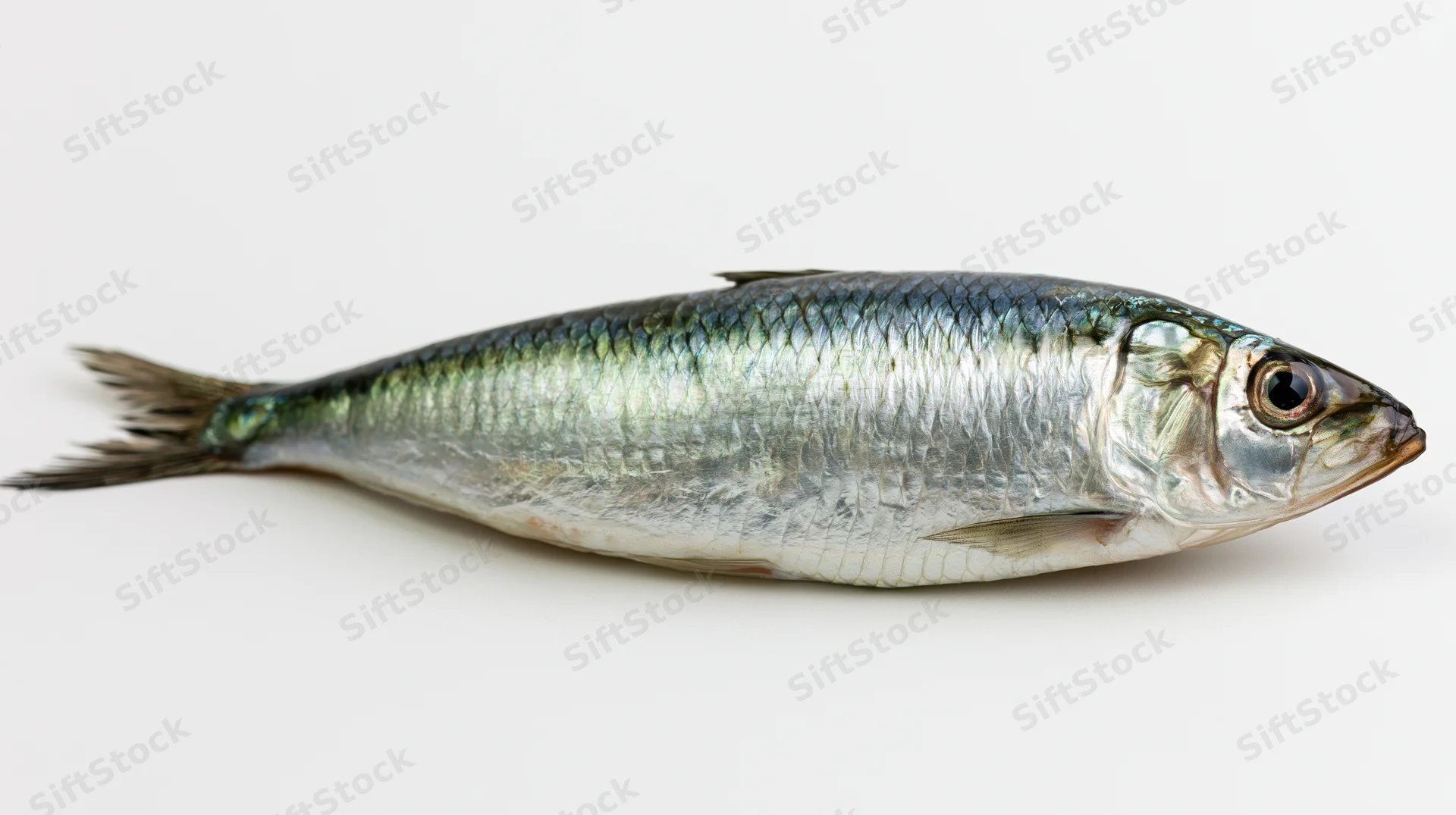 Fresh whole sardine lying on its side isolated on white background