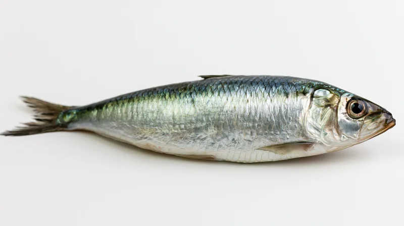 Fresh whole sardine lying on its side isolated on white background