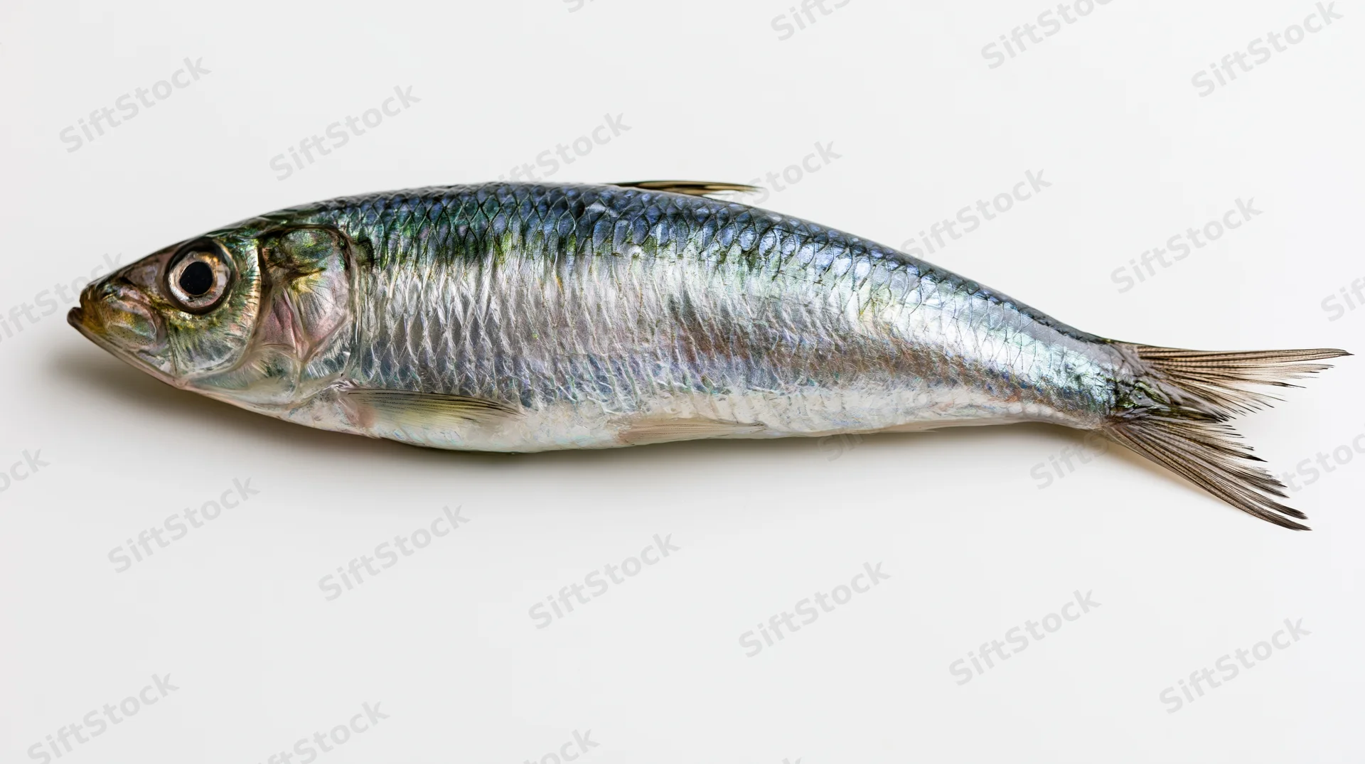 Fresh whole sardine lying on its side against a white background