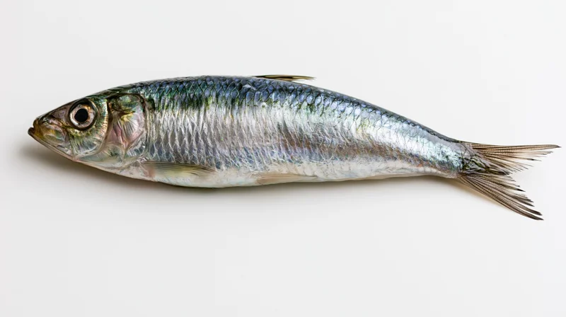 Fresh whole sardine lying on its side against a white background