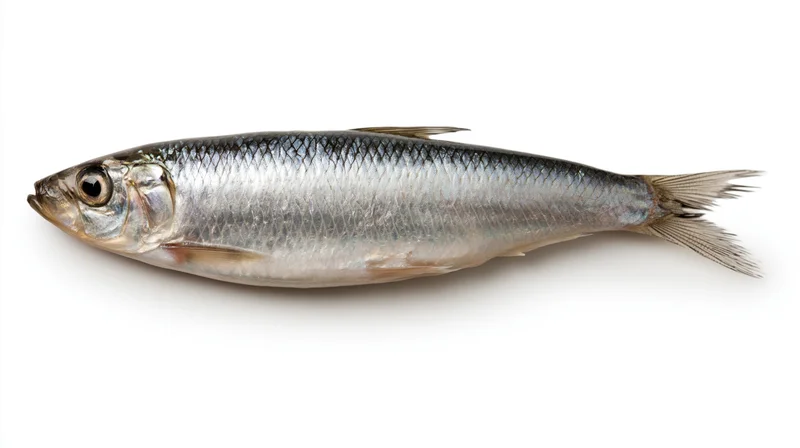 A fresh small herring fish lying flat on its side on a white background