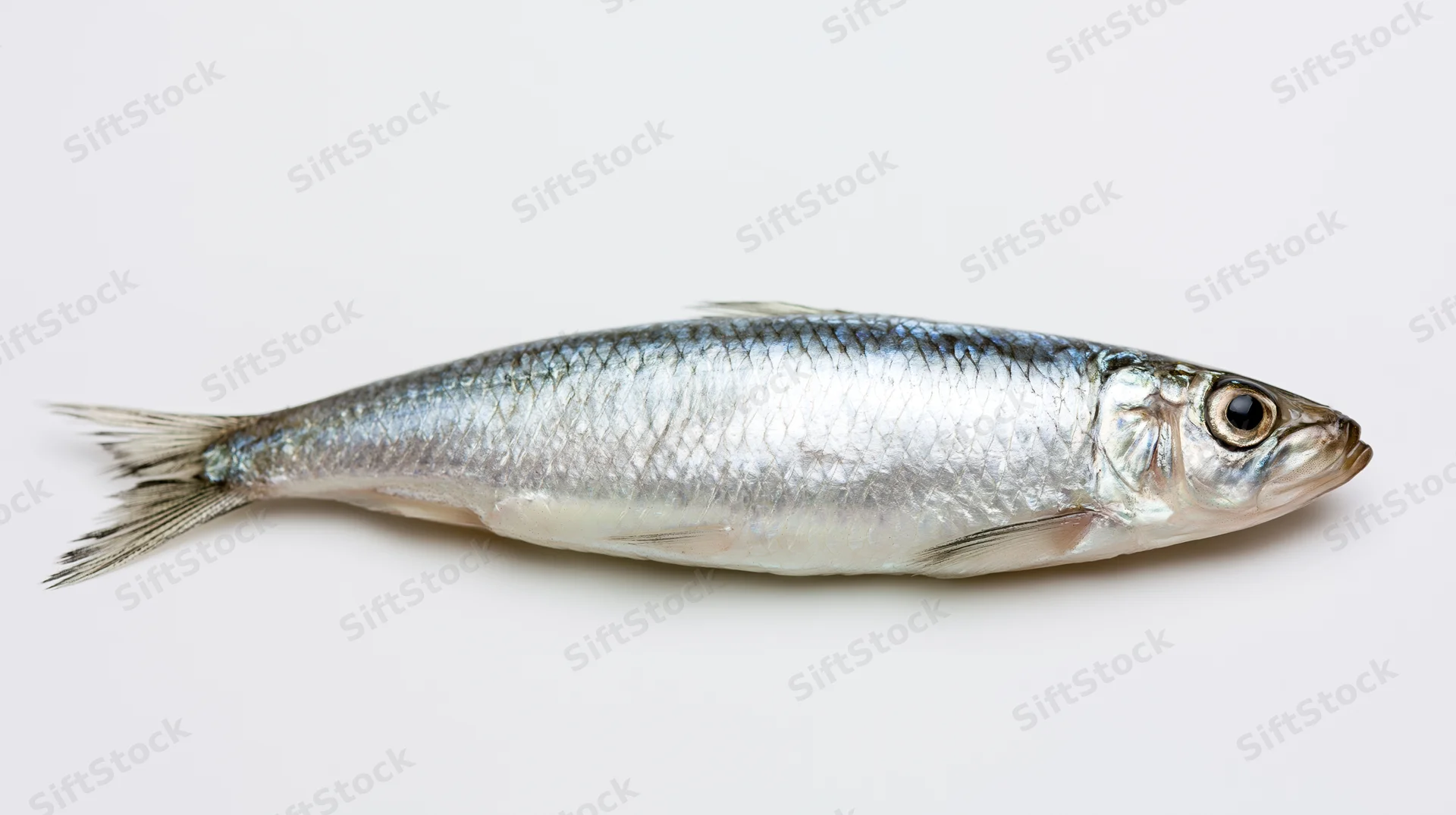 Single fresh herring lying flat on white background