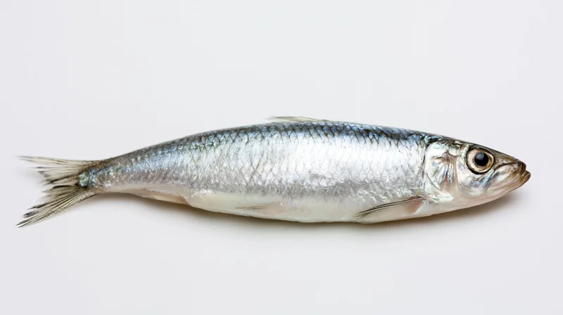 Single fresh herring lying flat on white background