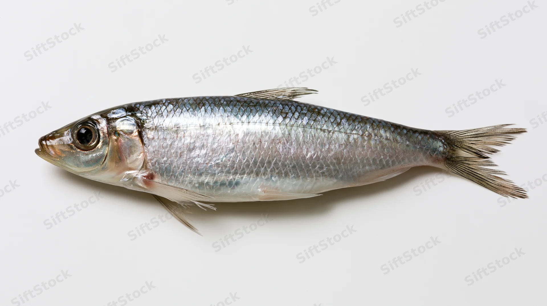 Fresh herring fish lying flat on white surface