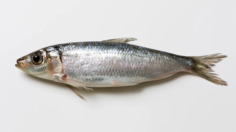 Fresh herring fish lying flat on white surface