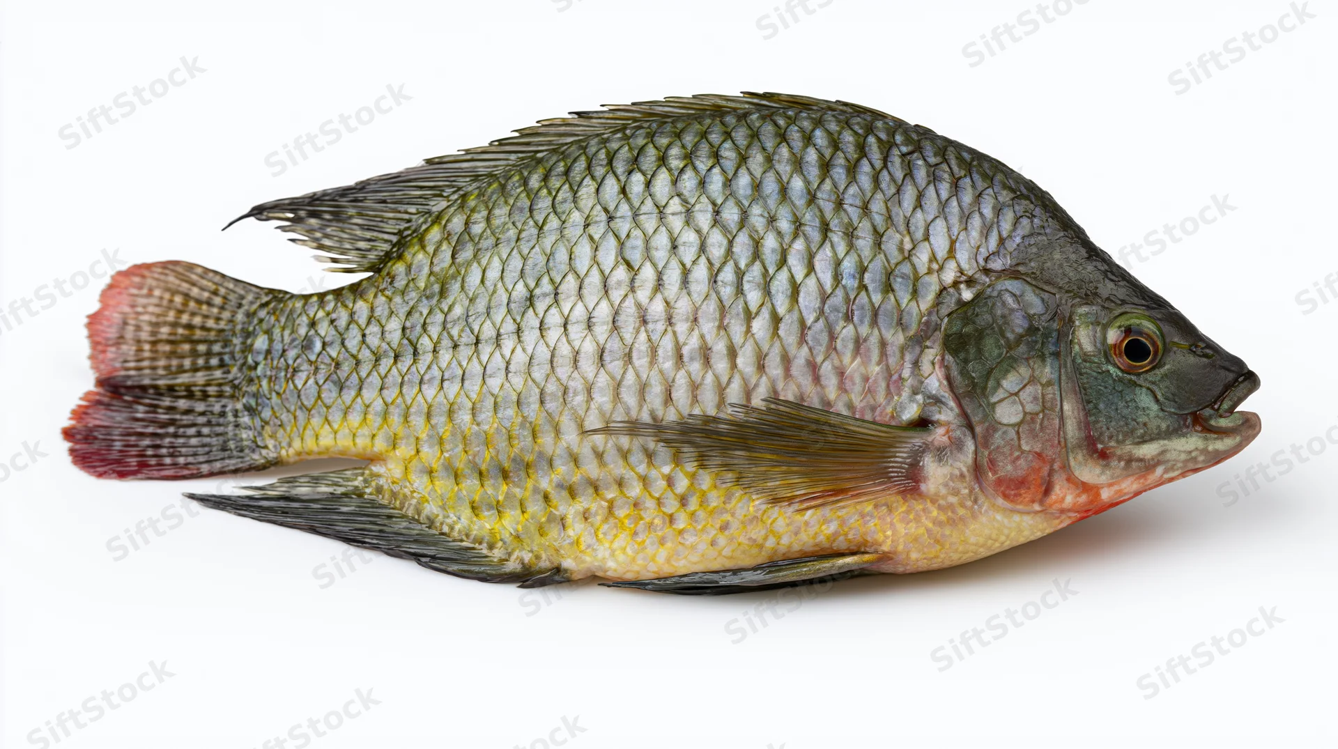 Whole fresh tilapia fish in lateral profile on white background