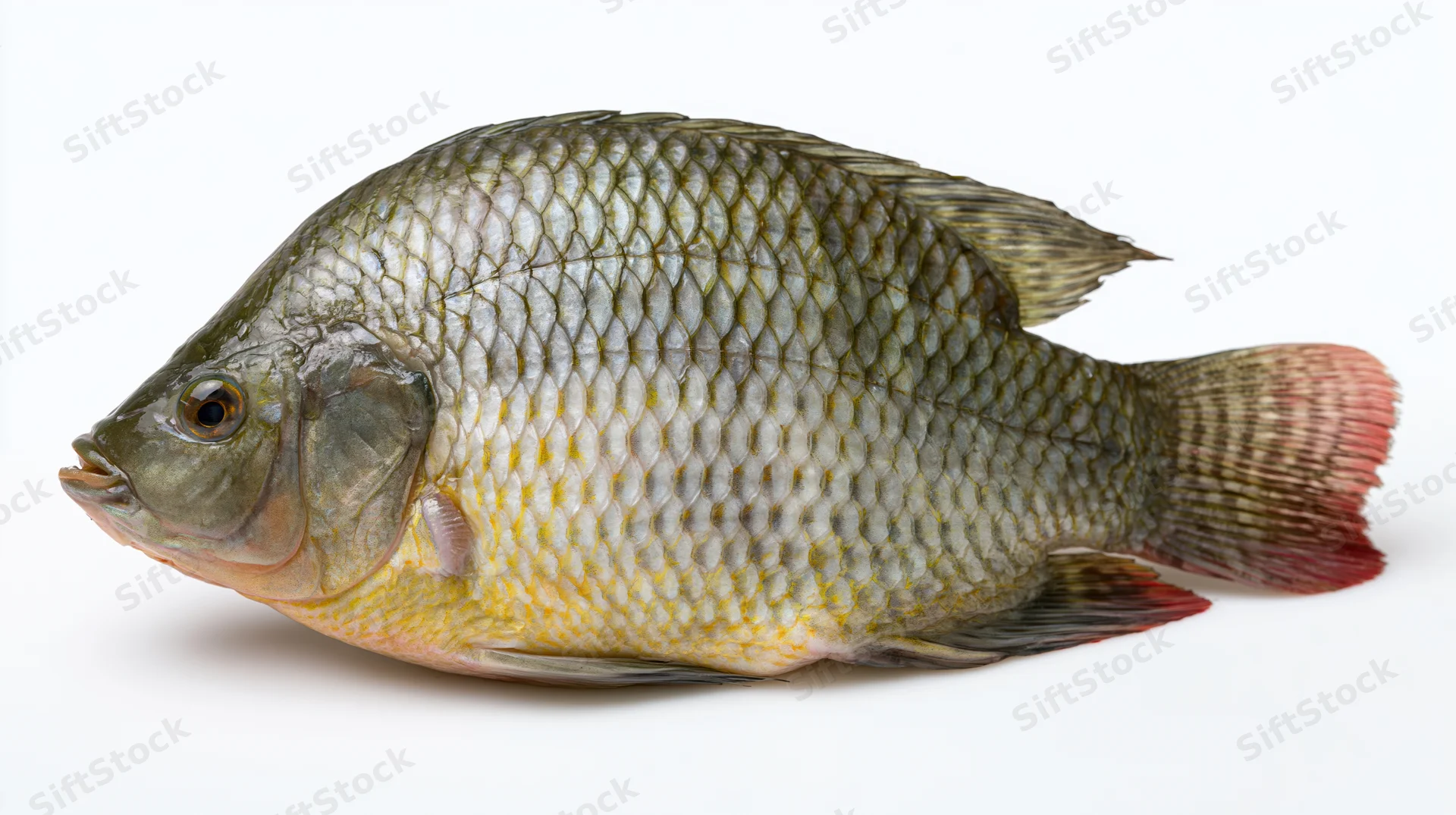 Whole fresh tilapia fish in lateral profile on white background