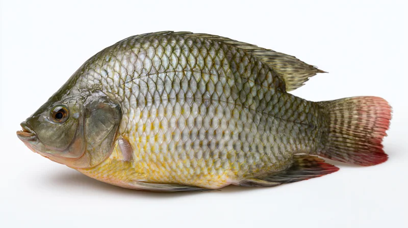 Whole fresh tilapia fish in lateral profile on white background