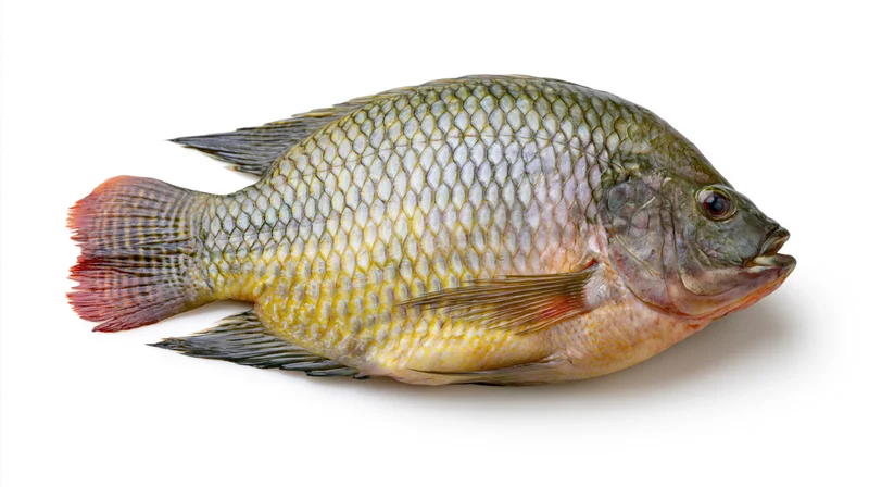 Whole fresh tilapia fish in lateral profile on white background