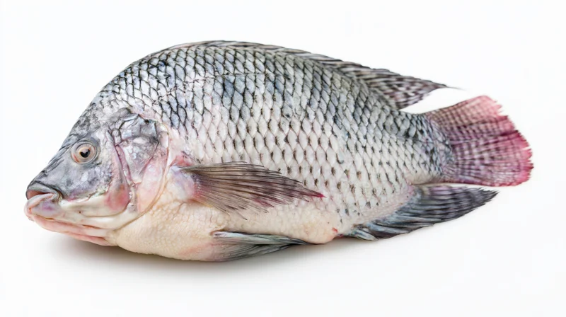Whole fresh tilapia fish lying on its side on a white background