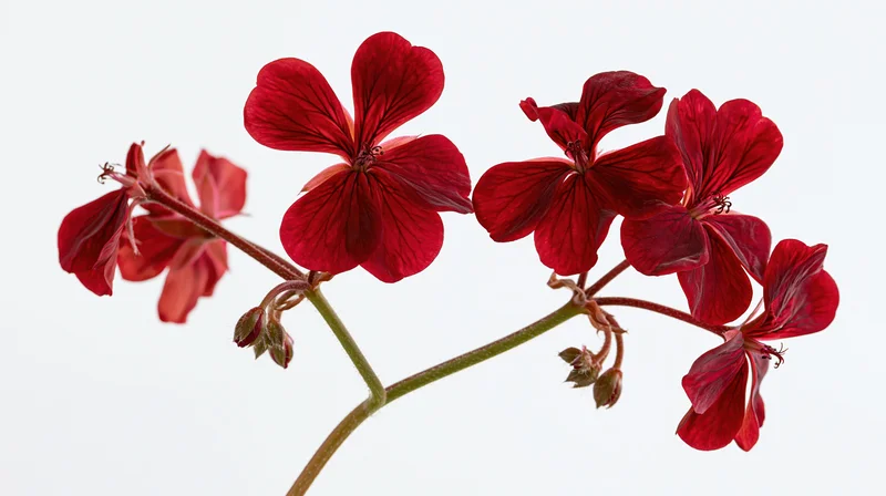 Geranium stem with deep red flowers and buds against white background