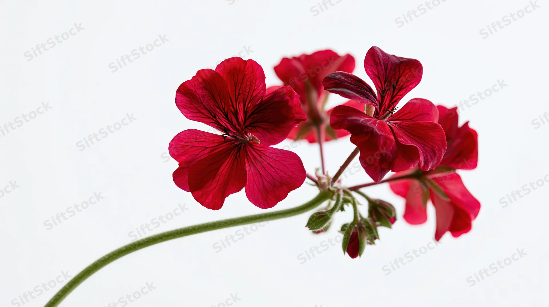 Geranium stem with deep red flowers and buds against white background