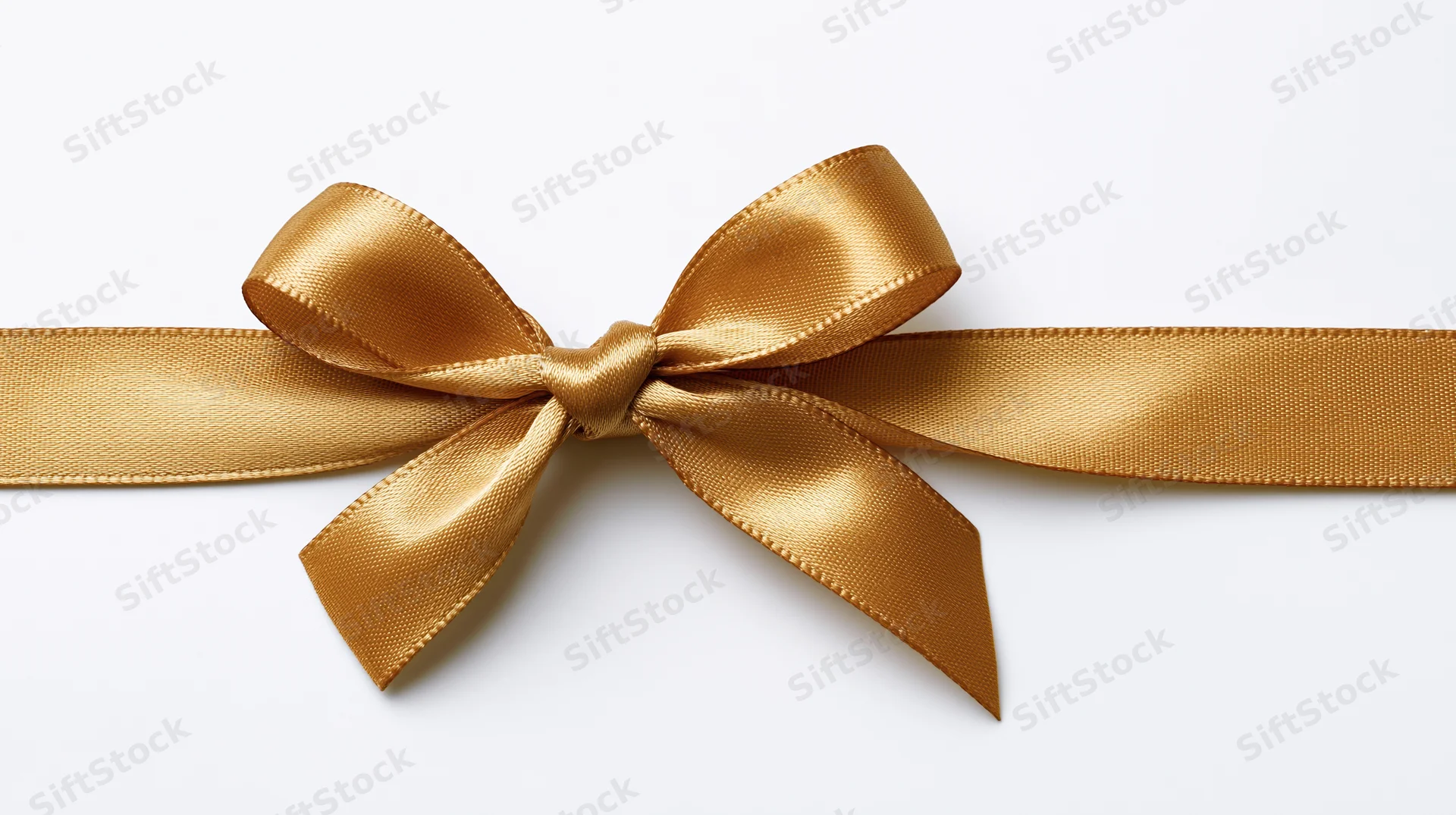 Gold satin ribbon tied in a bow across a white background