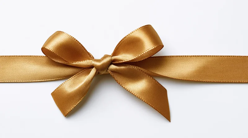 Gold satin ribbon tied in a bow across a white background