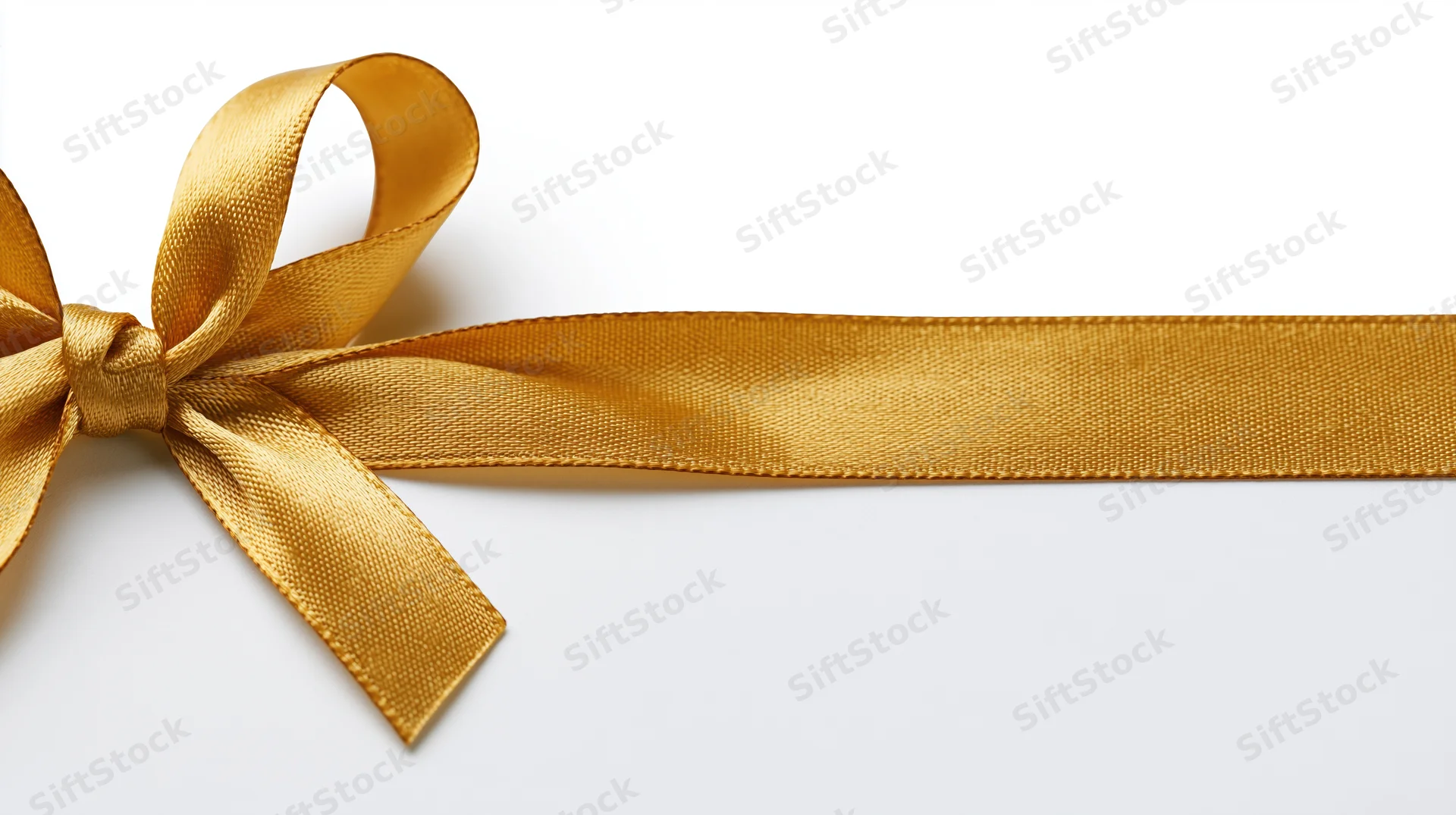 Gold satin ribbon tied in bow running horizontally across white background