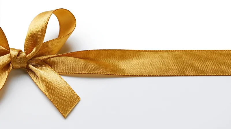Gold satin ribbon tied in bow running horizontally across white background
