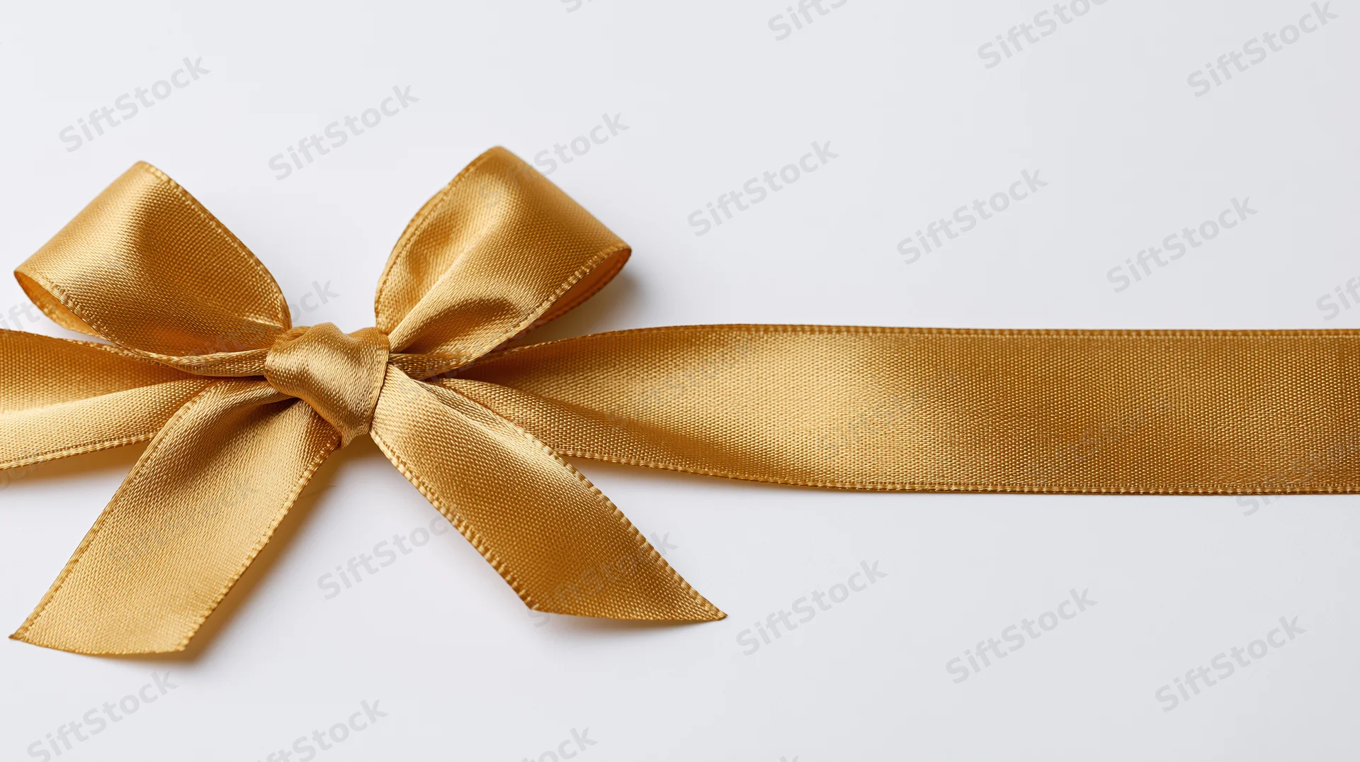 Gold satin ribbon tied in bow across white background with copyspace on right