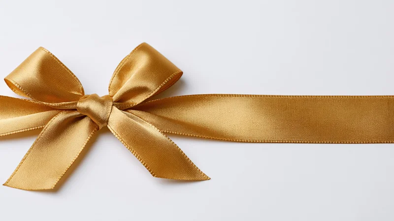Gold satin ribbon tied in bow across white background with copyspace on right
