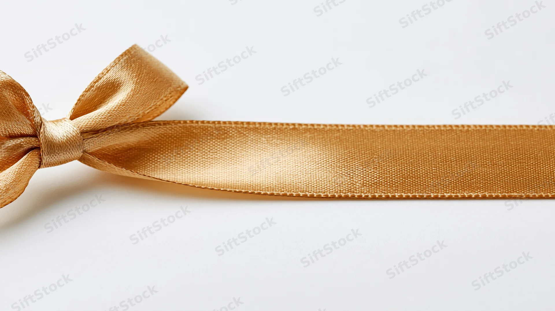 Gold satin ribbon tied in a bow lying horizontally on white surface