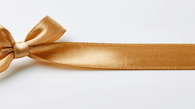 Gold satin ribbon tied in a bow lying horizontally on white surface