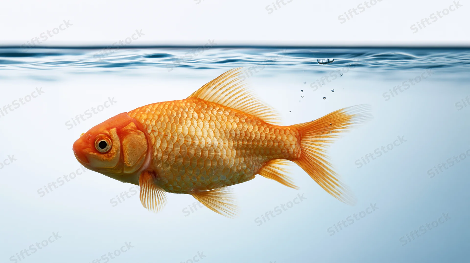 Goldfish swimming just below water surface with bubbles rising