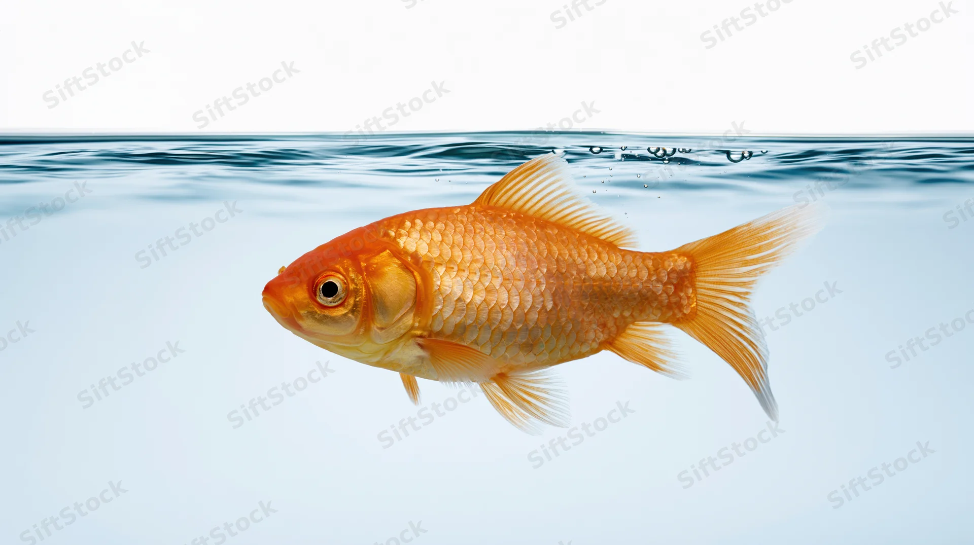 Goldfish swimming just below water surface in clear blue water with white background