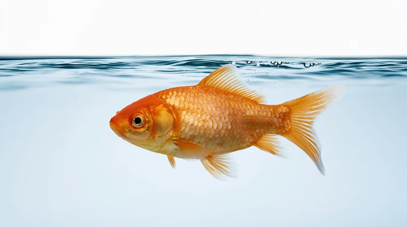 Goldfish swimming just below water surface in clear blue water with white background
