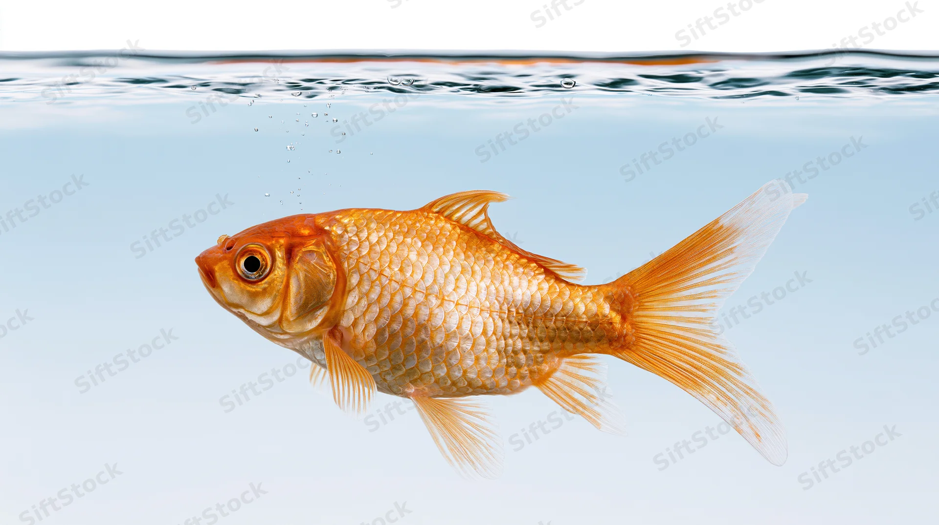 Goldfish swimming just below water surface with bubbles rising
