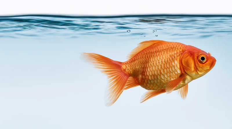 Goldfish swimming just below water surface in clear blue water with bubbles rising
