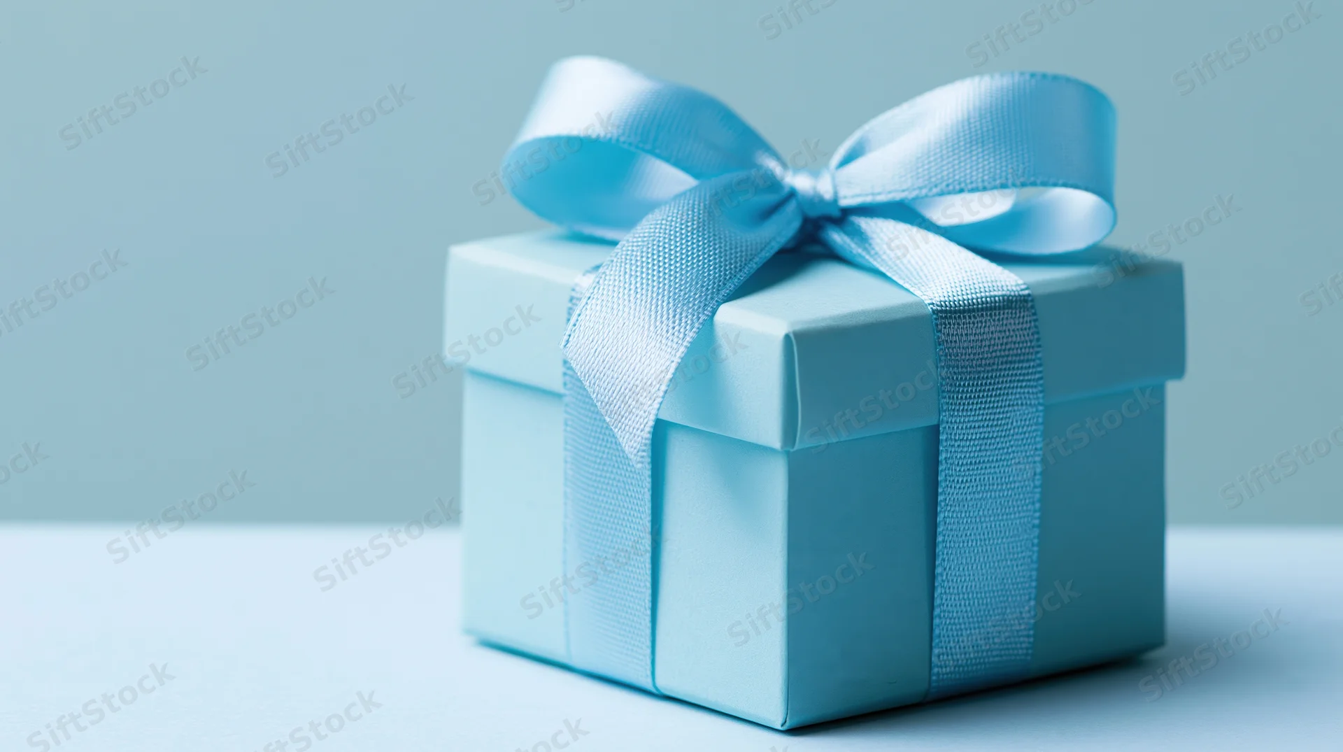 Light blue gift box with satin ribbon bow on plain surface
