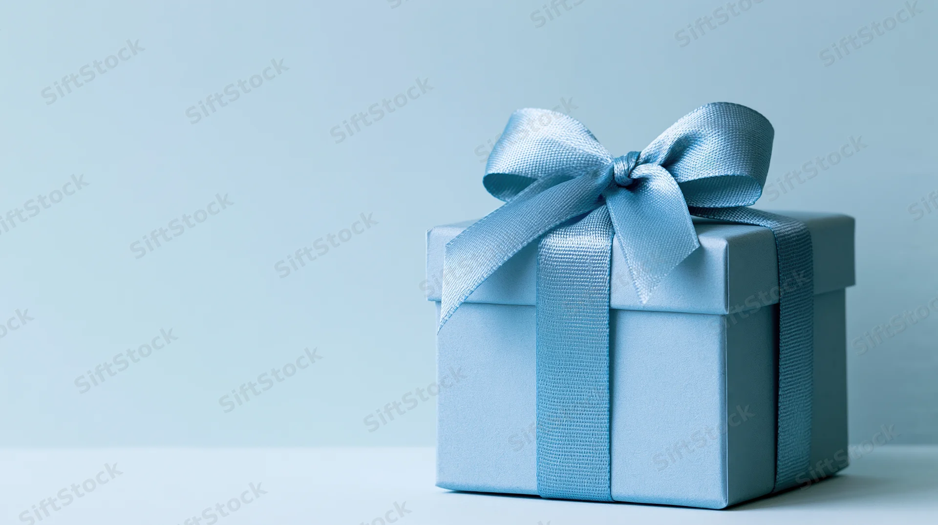 Light blue gift box with satin ribbon bow on a plain surface