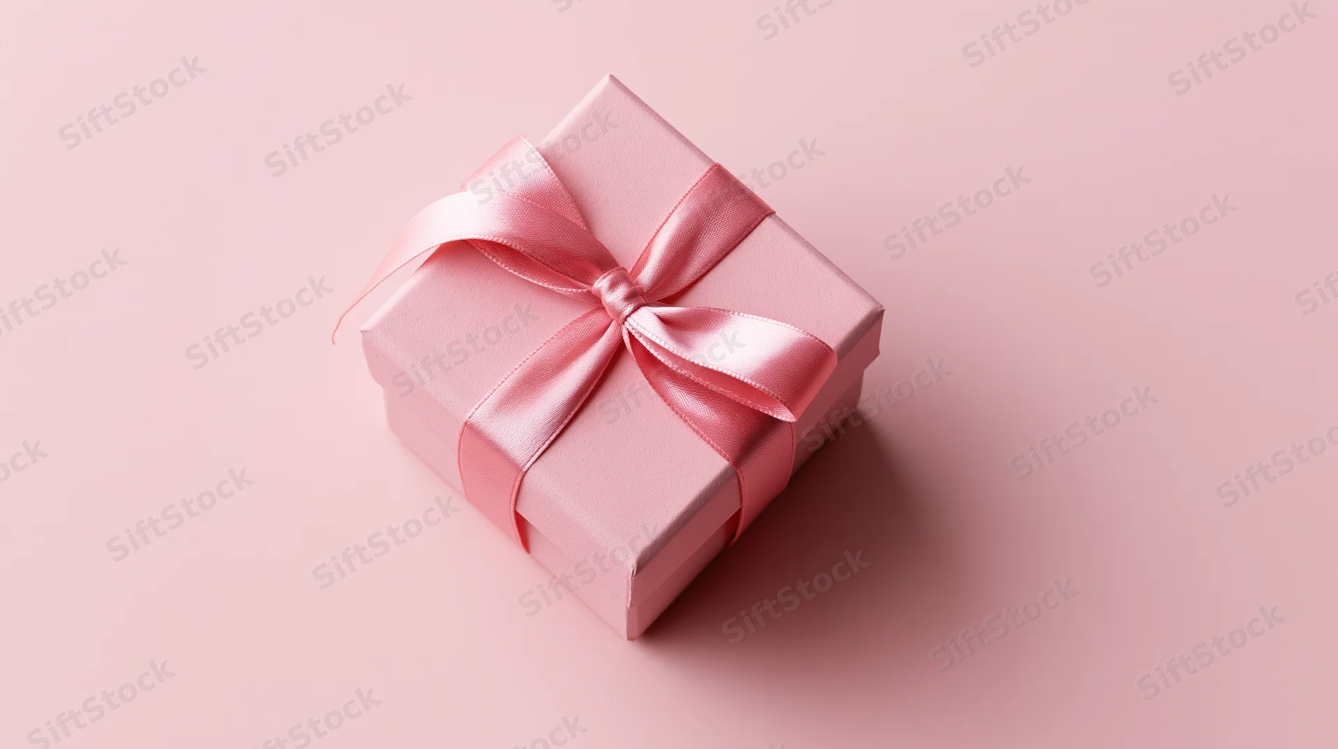 Pink gift box wrapped with satin ribbon and bow on a matching pastel background
