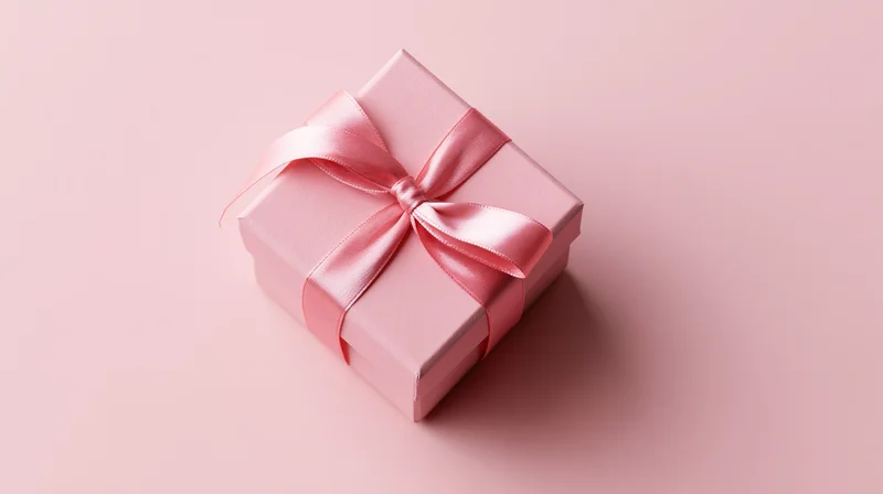 Pink gift box wrapped with satin ribbon and bow on a matching pastel background