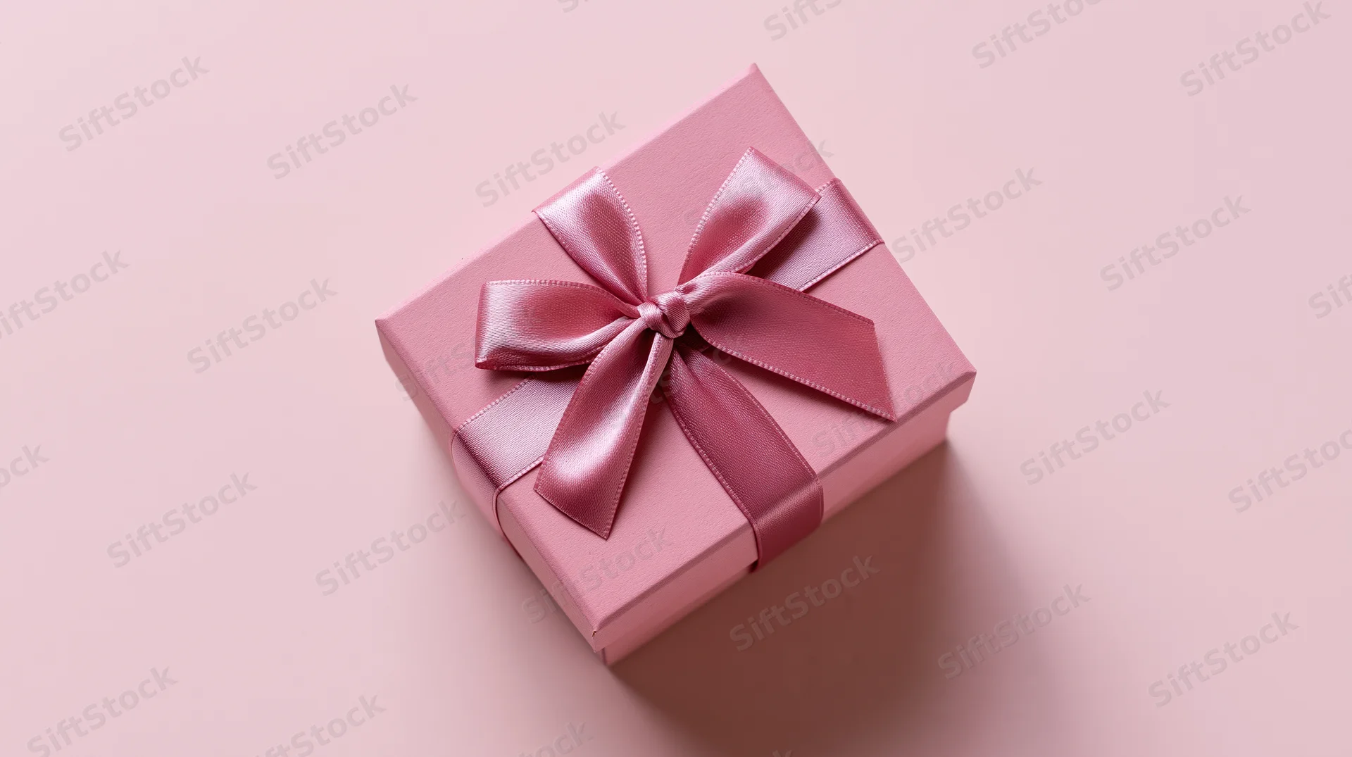 Pink gift box with satin ribbon bow on plain background
