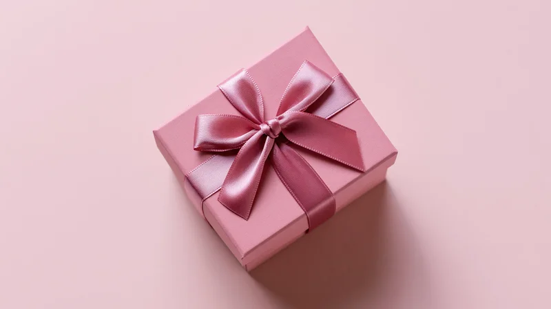 Pink gift box with satin ribbon bow on plain background