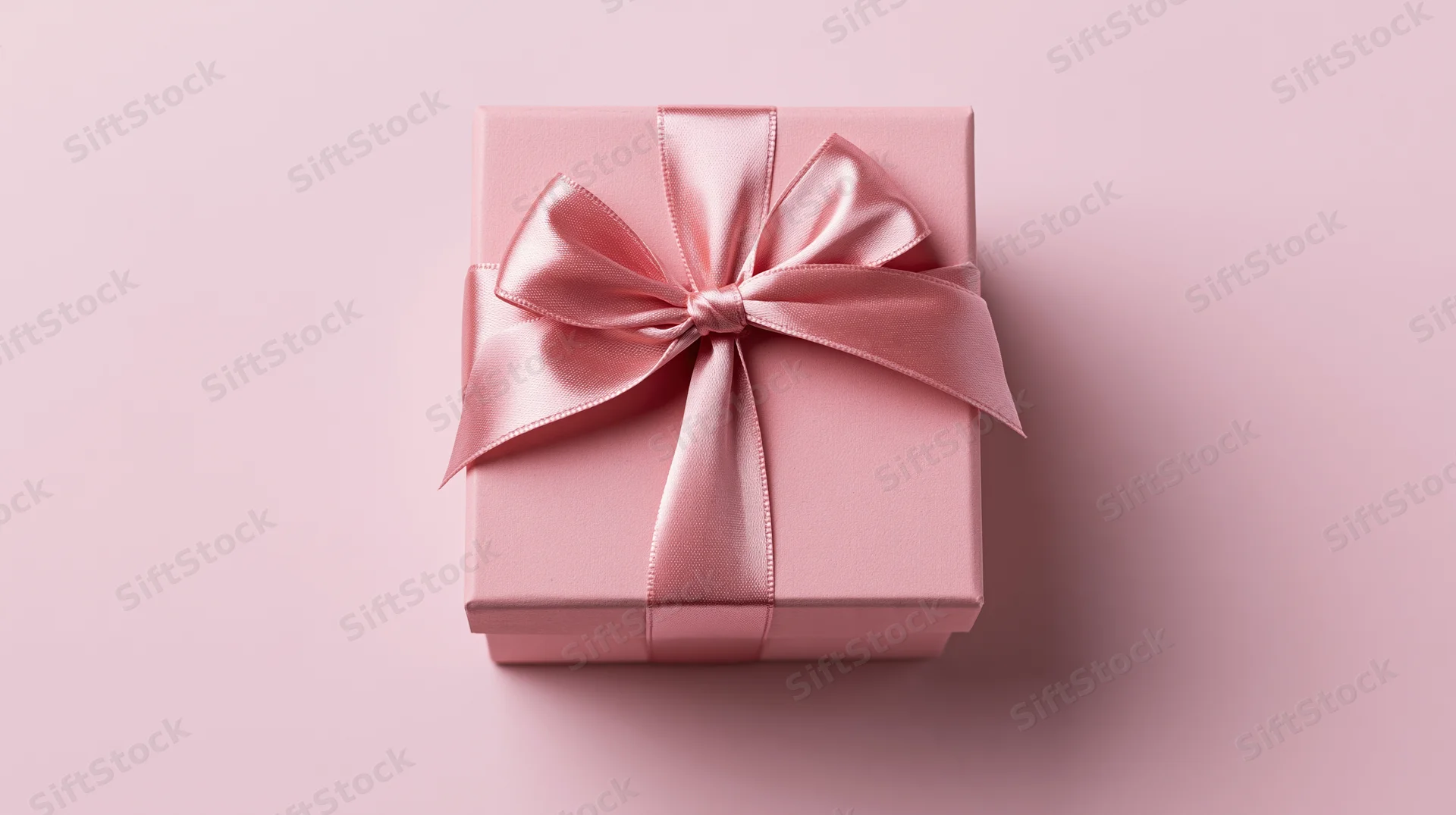 Pink gift box with satin ribbon bow on pastel background