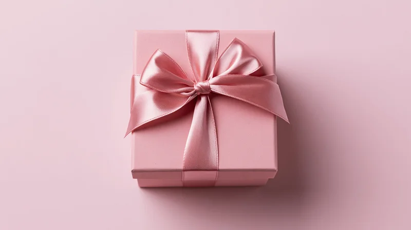 Pink gift box with satin ribbon bow on pastel background