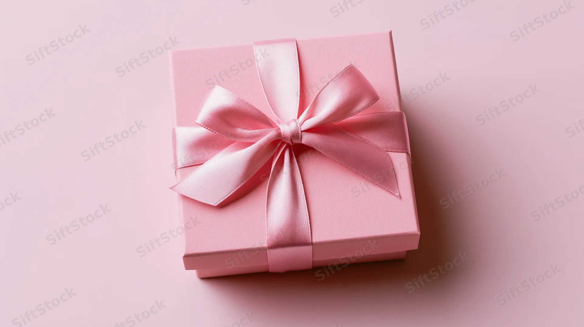 Pink gift box with satin ribbon bow on matching background