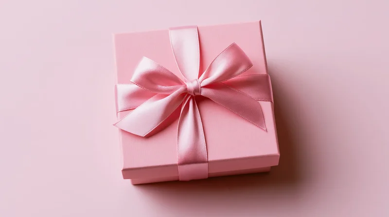 Pink gift box with satin ribbon bow on matching background
