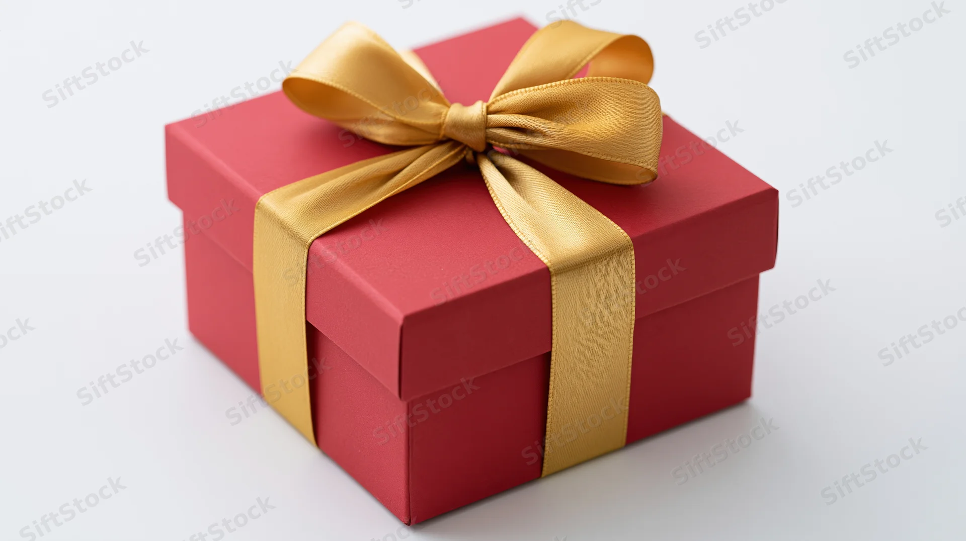 Red gift box wrapped with gold satin ribbon and bow on white background