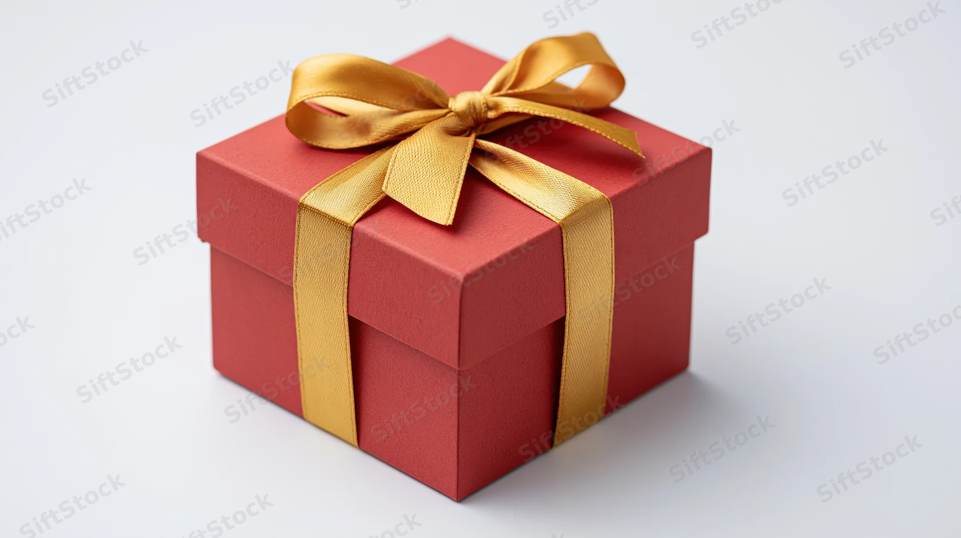Red gift box wrapped with gold satin ribbon and bow on white background