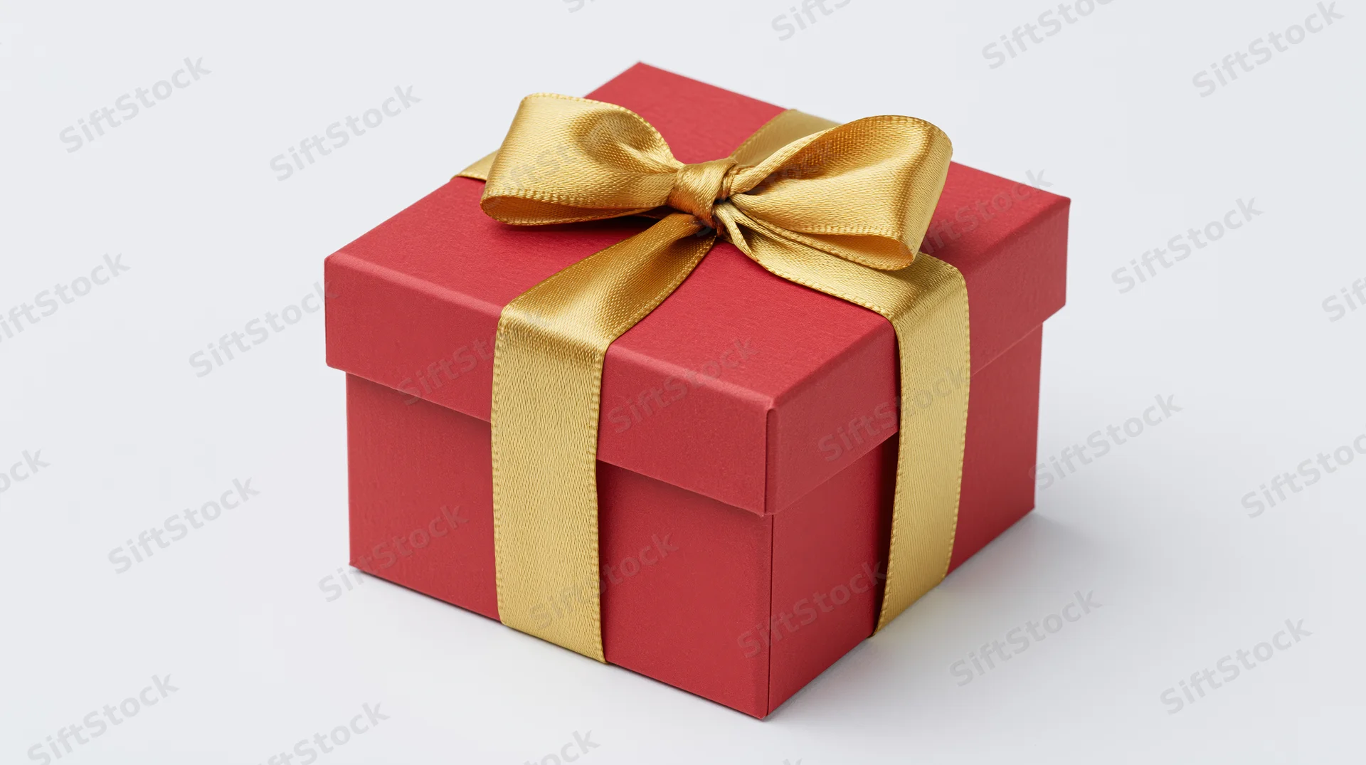 Red gift box with gold satin ribbon and bow on white background