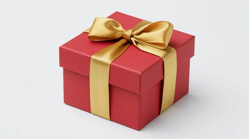 Red gift box with gold satin ribbon and bow on white background