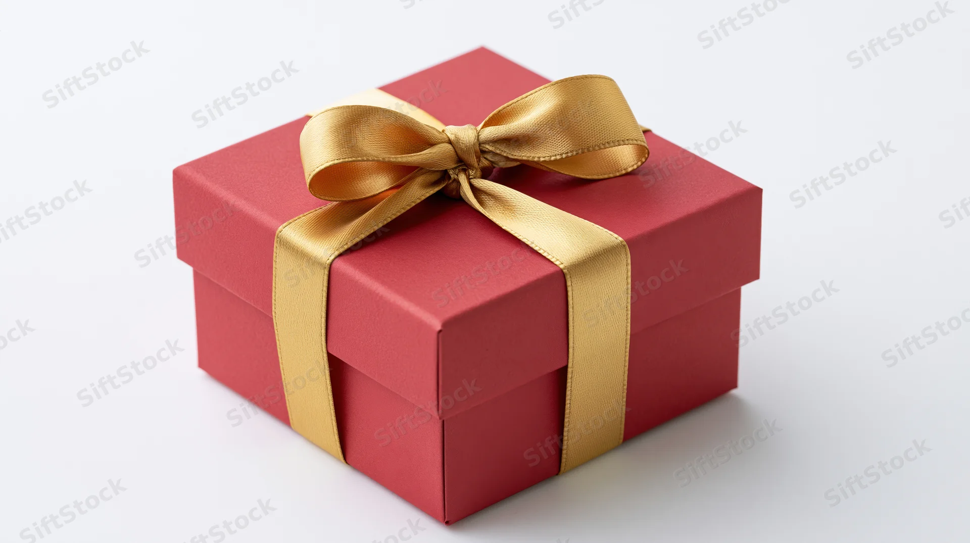 Red gift box wrapped with gold satin ribbon and bow on white background