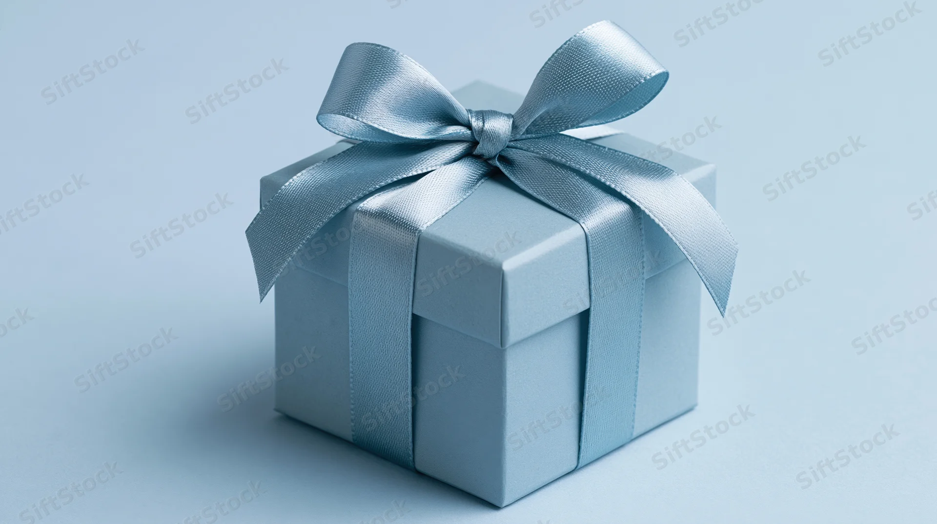 Blue gift box wrapped with satin ribbon bow on plain background
