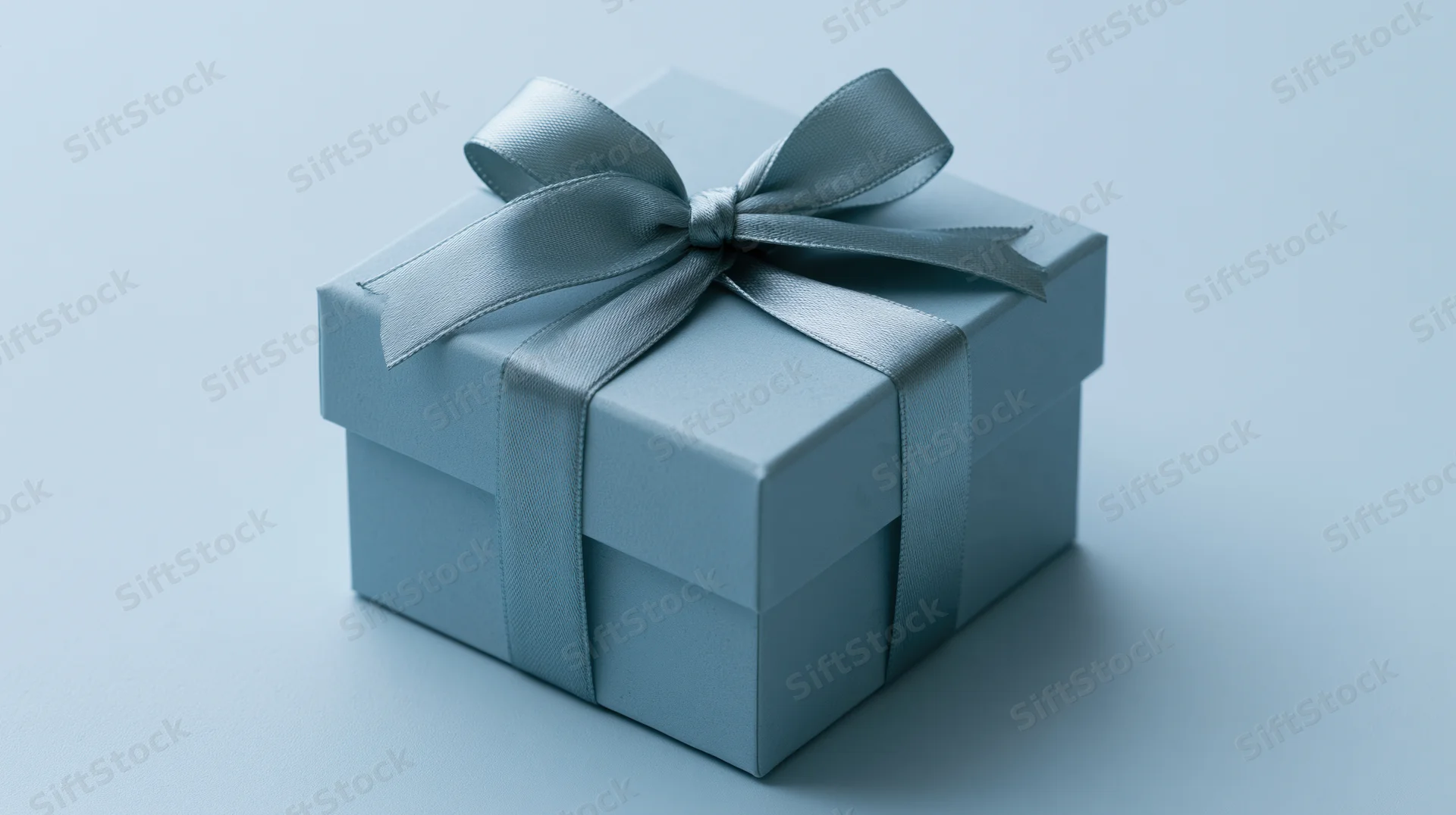 Blue gift box with satin ribbon bow on plain surface