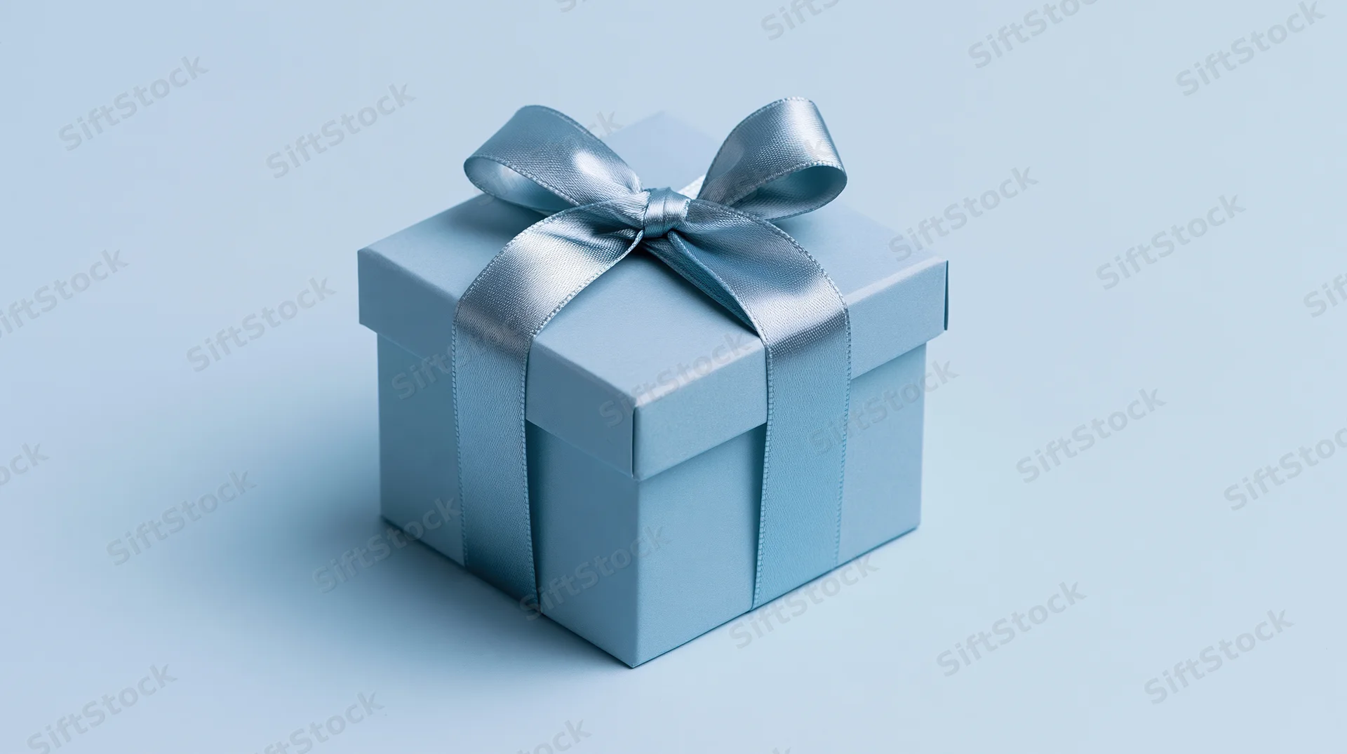 Light blue gift box wrapped with satin ribbon bow on plain background